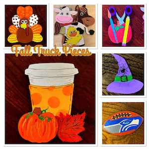 May include: A collection of painted wooden cutouts featuring fall and autumn themes. Includes a turkey, farm animals, a coffee cup, a pumpkin, a leaf, a witch's hat, a football, and school supplies. The text "Fall Truck Pieces" is also present.
