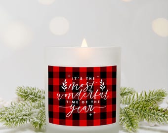 Most Wonderful Time of the Year Candle, Holiday Coconut Soy Candle, Buffalo Plaid Frosted Glass Jar, Christmas Gift, Christmas Hostess Gift