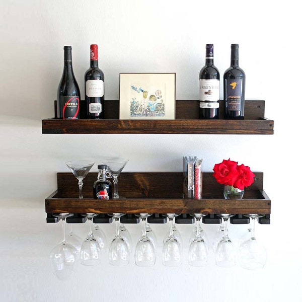 Wood Wine Rack, Wall Mounted Hanging Wine Rack, Stemware Wine Glass Rack Holders Bar Shelf & Organizer