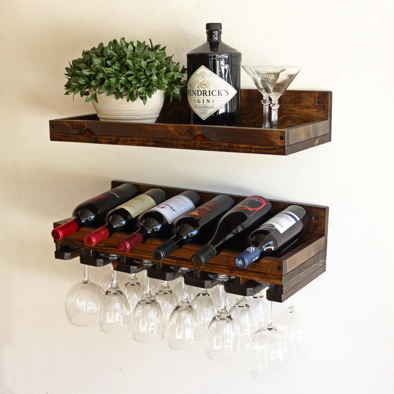 6 Bottle Wall Mounted Wine Rack With Hanging Stemware Glass Image 0