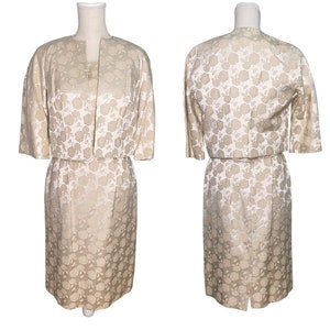 Vintage 60s Stella Braun dress skirt suit ivory floral silk brocade S wedding jacket three piece New York couture courthouse