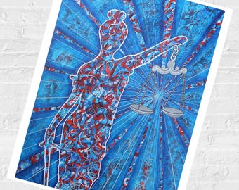 May include: A rectangular art print featuring a stylized silhouette of Lady Justice in red, white, and blue swirling patterns against a blue radial background. She holds a silver scale of justice. The artist's name, Sherry J Williamson, is visible.