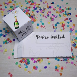 Biglietto per festa Bombfetti. Coriandoli che esplodono sei invitato, festeggiamo la carta della pioggia di coriandoli, Festa in una scatola. Scarica PDF.