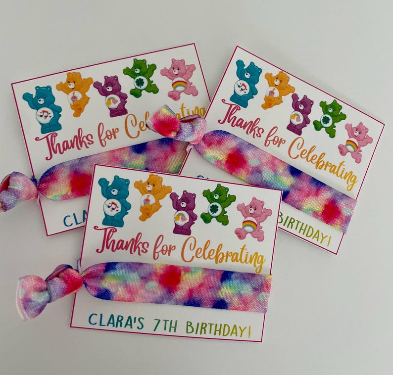 Care bears birthday party, Care Bears party favors, birthday party favors for girls, hair tie gifts for girls, Care Bears themed party image 1