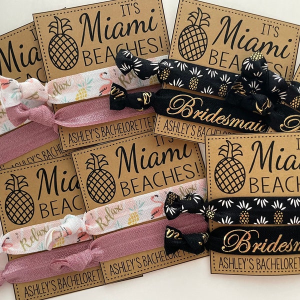 Its Miami Beaches Bachelorette Favors,Miami Beaches Personalized card and hair ties favor,Miami wedding, Miami Bachelorette,hair tie favors