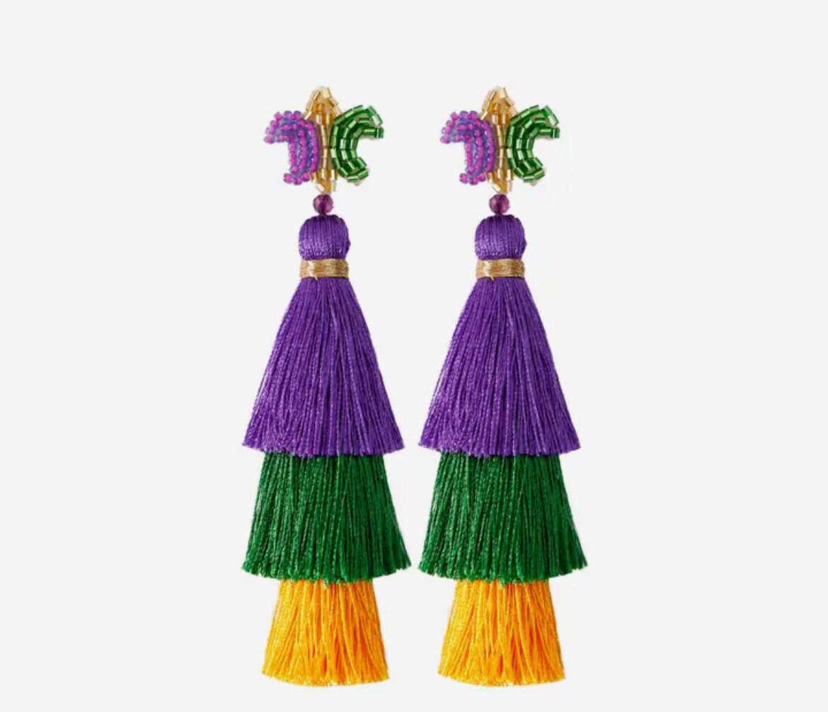 Purple Green and gold tassel earrings,tassel earrings,boho black and gold earrings Mardi Gras earrings Carnival earrings