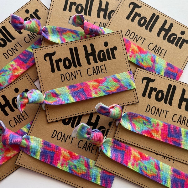 Troll Birthday Party Favors hair don't care troll themed hair ties  troll doll girl birthday troll goodies troll thank you  birthday favors