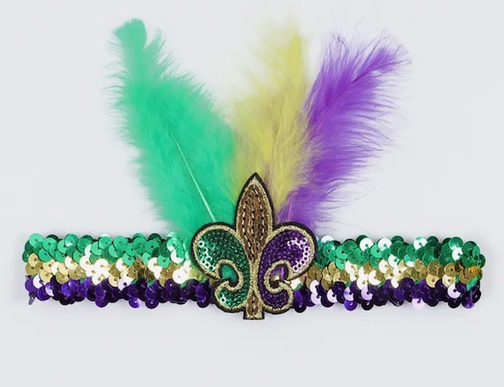1315 Mardi Gras Fluer Di Lis Headband Feather Sequin Fascinators tiggell 3pcs Mardi Gras Fleur De Lis Headbands Sequin Faux  main image 4