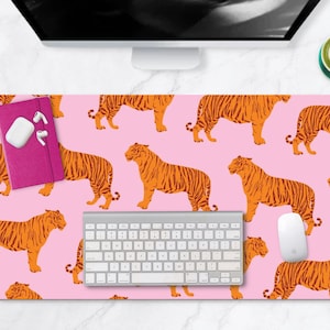 Wild Cat Desk Mat, Tiger Desk Mat, Pink Desk Accessory, Cute Workspace, Trendy Workspace, Trendy Desk Pad, Boho Desk, Fashion Desk Topper
