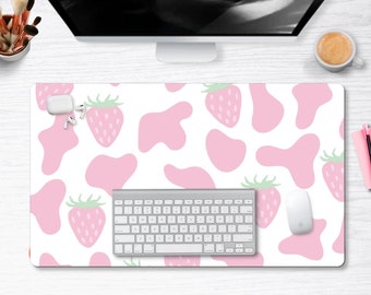 Pink Cow Strawberry Print Desk Mat, Trendy Workspace, Aesthetic Desk Pad, Desk Mat Cute, WFH Desk Setup, Desk Decor, Office Decor, Mouse Pad