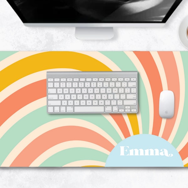 Personalized Retro Rays Desk Mat, Custom Vintage Aesthetic Desk Pad, Desk Setup, Mousepad, Cute Desk Decor, Sun Rays, Yellow, Orange, Mint