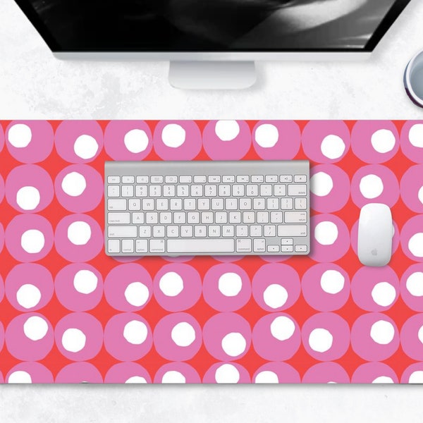 Retro Dots Desk Mat, Red Pink Circle Print Desk Pad, Aesthetic Desk Accessory, Cute Workspace, Modern, Boho Desk, Desk Topper, Decor