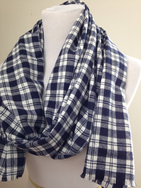 Navy Plaid Flannel Scarf Blue and White Plaid Scarf Flannel | Etsy
