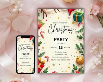 Christmas Party Invitation, Editable Holiday Celebration Invite, Festive Winter Party Template, Printable Xmas Card, Digital Download