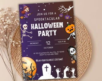 Halloween Party Invitation Template, Editable Spooky Costume Party Invite, Printable Halloween Celebration Card, Digital Download