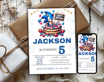 Sonic Birthday Invitation, Editable Sonic Party Invite, Blue Hedgehog Theme, Kids Video Game Birthday Card, Digital Download Template