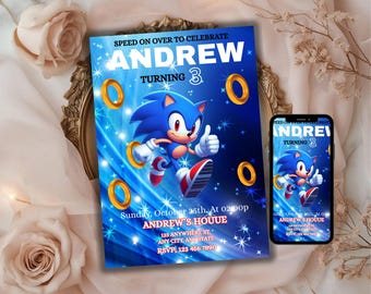 Sonic Birthday Invitation, Editable Kids Hero Party Invite, Blue Action Character Template, Printable Custom Digital Download Card