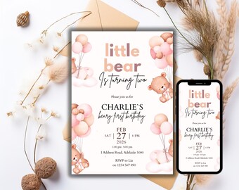 Our Little Bear Birthday Invitation, Woodland Bear Baby Party Invite, Editable Rustic Kids Template, Printable Custom Digital Download Card