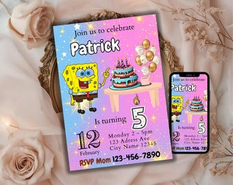 Patrick Birthday Invitation, Editable Starfish Party Invite, Pink Ocean Theme Template, Printable Kids Cartoon Custom Digital Download Card