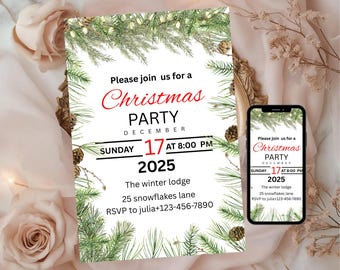 Christmas Invitation, Editable Holiday Party Invite Template, Festive Winter Celebration Card, Printable Xmas Event, Digital Download