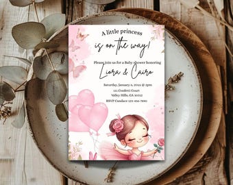 Pink Princess Baby Shower Invitation, Editable Royal Baby Party Invite, Pink Crown Theme Template, Printable Custom Digital Download Card