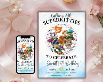 Super Kitties Birthday Invitation, Editable Kids Cat Hero Party Invite, Pink Purple Theme Template, Printable Custom Digital Download Card