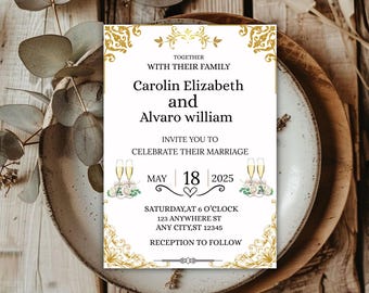 Wedding Invitation, Editable Bride & Groom Invite Template, Printable Wedding Ceremony Card, Elegant Digital Download