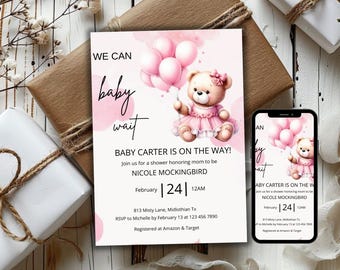 Bear Baby Shower Invitation, Editable Woodland Baby Party Invite, Rustic Bear Theme Template, Printable Custom Digital Download Card