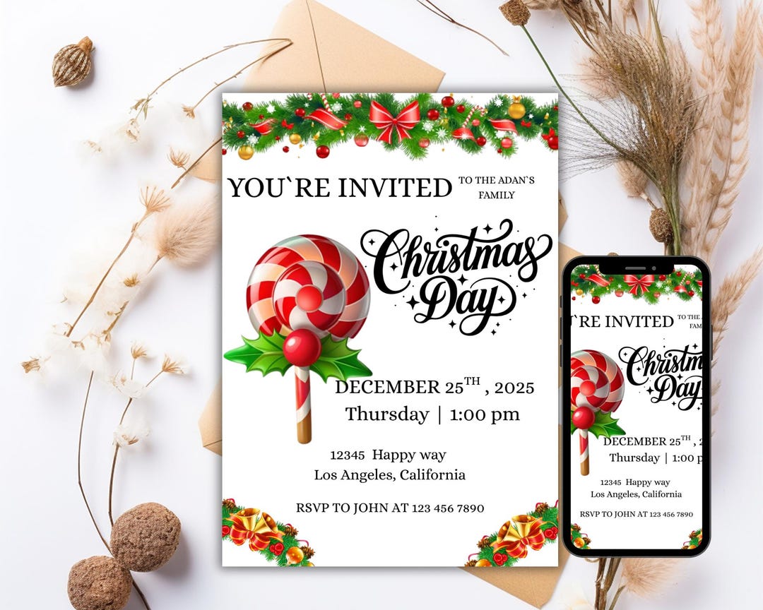 Christmas Day Invitation, Holiday Party Invite Template, Editable Xmas