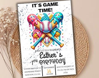 Baseball Ice Cream Drip Birthday Invitation, Editable Sports Party Invite, Red Blue Drip Theme Template, Printable Custom Digital Download
