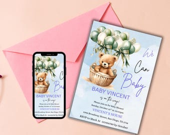Bear Baby Shower Invitation, Editable Woodland Baby Party Invite, Rustic Bear Theme Template, Printable Custom Digital Download Card