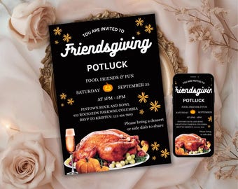 Friendsgiving Invitation Template, Editable Thanksgiving Dinner Party Invite, Printable Fall Gathering Card, Cozy Autumn Digital Download