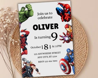 Super Hero Invitation, Editable Superhero Birthday Party Invite Template, Comic Theme Printable Card, Kids Hero Digital Download