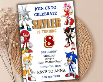 Sonic Birthday Invitation, Editable Kids Hedgehog Party Invite, Blue Gaming Theme Template, Printable Custom Digital Download Card
