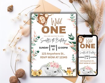 Safari First Birthday Invitation, Editable Jungle Animal Party Invite, Baby Wild Theme Template, Printable Custom Digital Download Card
