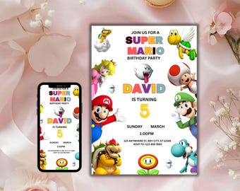 Super Mario Birthday Invitation, Editable Kids Game Party Invite, Red Blue Mushroom Theme Template, Printable Custom Digital Download Card