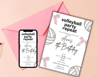 Volleyball Birthday Invitation, Editable Girls Sports Party Invite, Pink Volleyball Theme Template, Printable Custom Digital Download Card