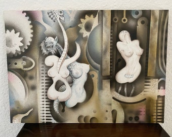 Three Giger Guitar Graces. Surreal painting. Acrylic on board.