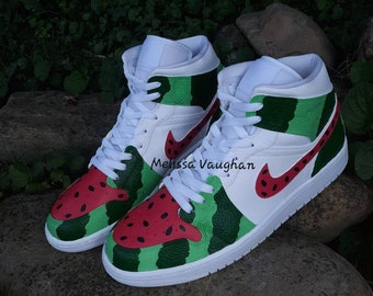 Custom, Hand Painted, Watermelon, Jordan 1s, Air Jordan, Mid, Melon, Sneakers, Gift, Shoes