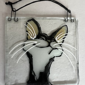 Smug Kitty, Suncatcher, Tuxedo Cat, Black & White Cat, Window Decorations, Hand Painted, Fused Glass, Ornaments, recycled