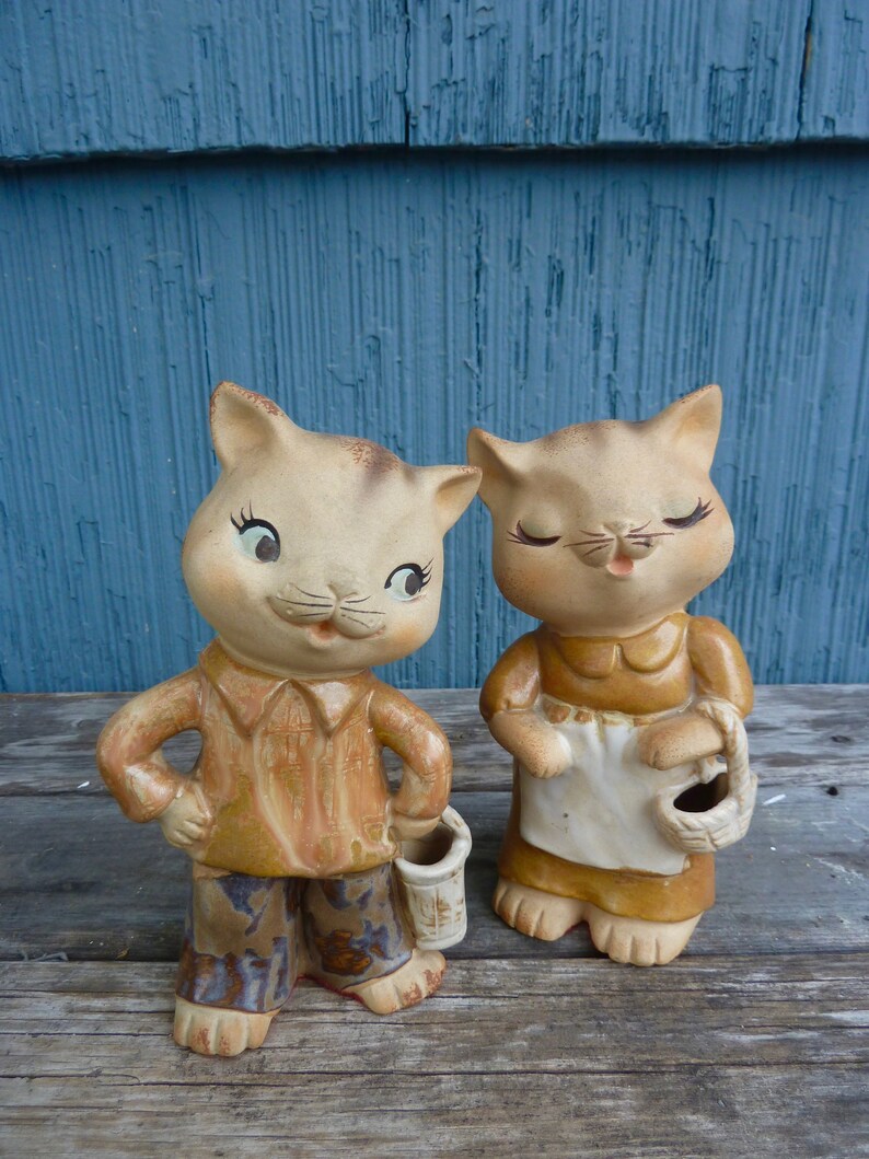 Cute Ceramic Cat Figurines Made In Japan Tiny Vases For Etsy