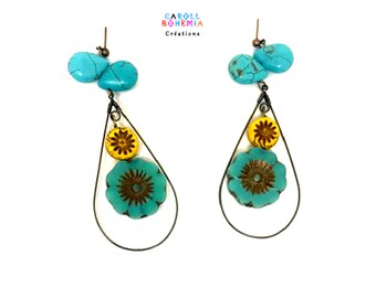 Long hippie chic earrings, flowers, blue, yellow