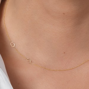 Double 14k Gold Asymmetrical Initial Necklace image 2