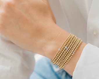 3mm Gold Beads Bracelet with Diamond Ball