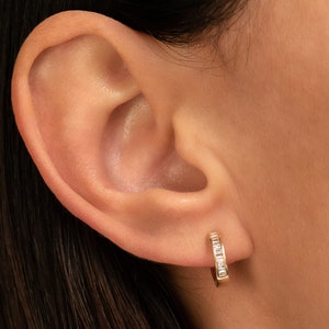 14k Gold Stacked Baguette Diamond Huggie Earrings