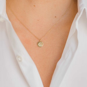 Small diamond initial necklace, diamond initial disc, 14k solid gold