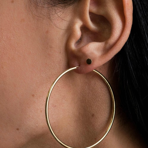 14k Gold Large Thin Thread Hoop Earrings Etsy