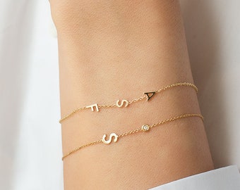14k Gold Letter and Bezel Diamond Bracelet, Gold Initial Bracelet