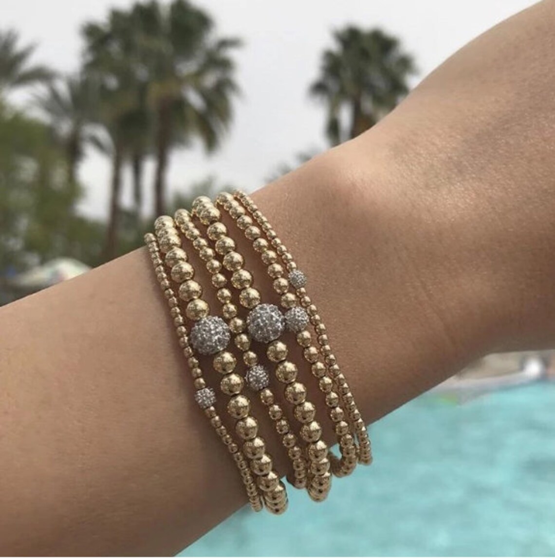 14k Gold Bead Bracelet With Diamond Bead 4mm Etsy