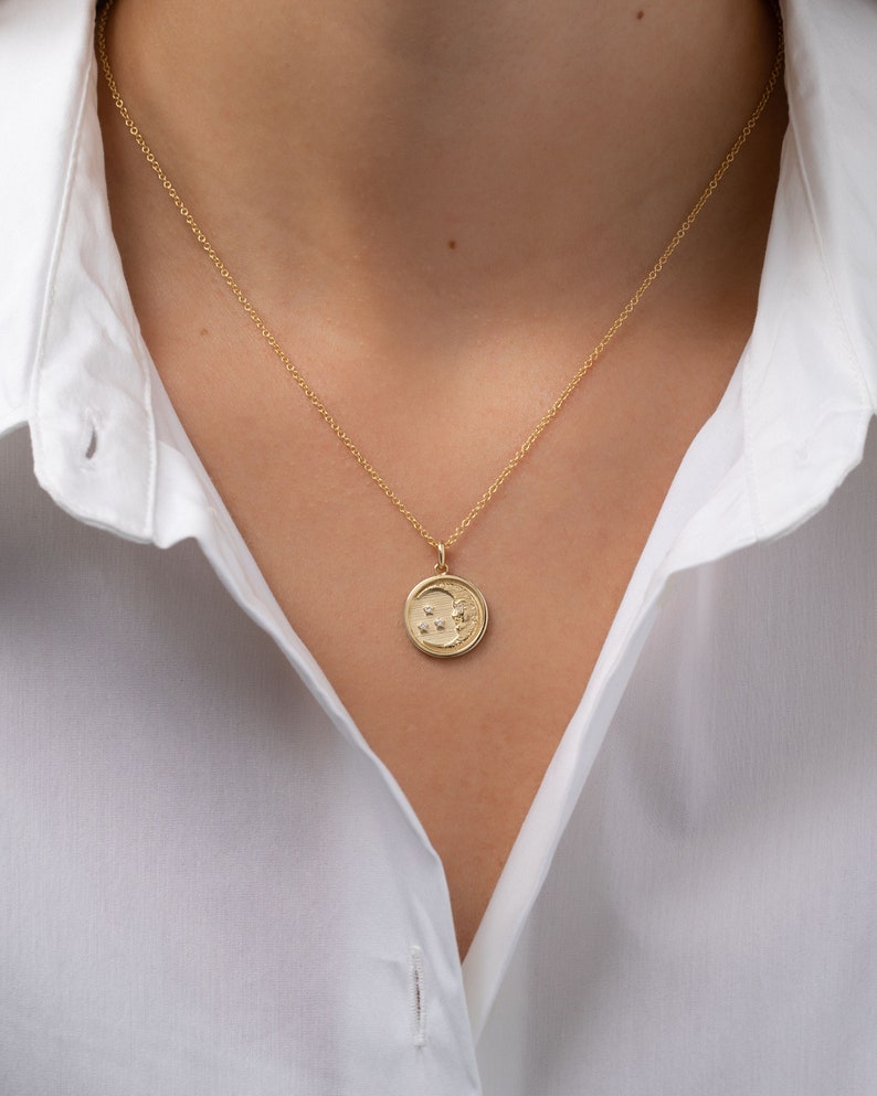 14k Gold Diamond Moon Medallion Necklace image 7